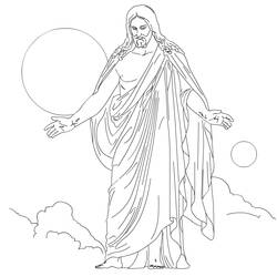 Jesus standing among clouds and spheres coloring page