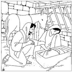 Baby Jesus in manger with donkey and ox nearby coloring page