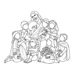 Jesus with bird and seven kneeling children coloring page