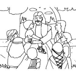 Jesus holding a child with mountains behind coloring page