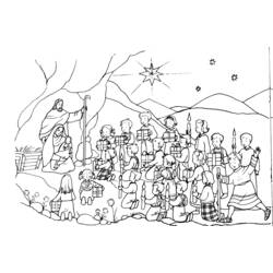 Nativity scene with Jesus and children bringing gifts coloring page