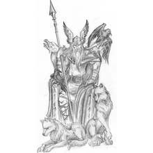 Odin sitting on his throne with ravens and wolves coloring page