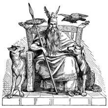 Odin seated on his throne with wolves and ravens coloring page