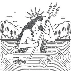 Poseidon rising from the waves with his trident coloring page