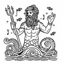 Poseidon holding his trident above the waves coloring page