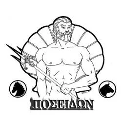 Poseidon holding his trident before a shell coloring page