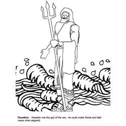 Poseidon standing with trident in stormy seas coloring page
