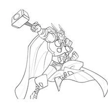 Thor raising his hammer in battle coloring page