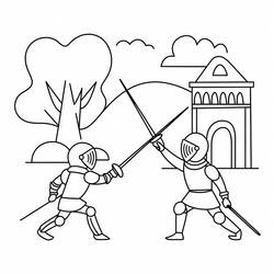 Two knights fencing near a tower coloring page
