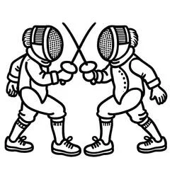 Fencers lunging with foils overhead coloring page