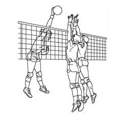 Volleyball players spiking and blocking at the net coloring page
