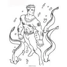 Aquaman surrounded by eels underwater coloring page