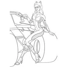 Catwoman sitting on the Batmobile's wheel coloring page