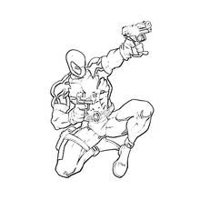 Deadpool leaping with two guns raised coloring page