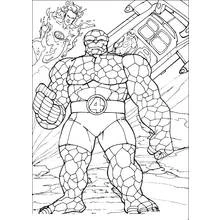 The Thing standing ready with Human Torch flying above coloring page