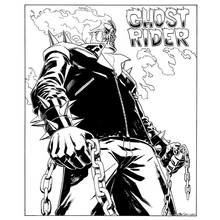 Ghost Rider standing with flaming skull and chains coloring page