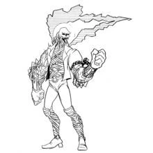 Ghost Rider with flaming skull and cyborg arm coloring page