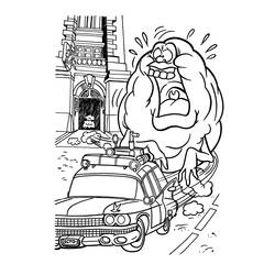 Ghostbusters ghost looming over the Ecto-1 car coloring page