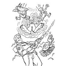 Ghostbusters hunter blasting swirling ghosts coloring page