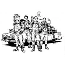 Ghostbusters standing in front of Ecto-1 coloring page