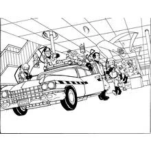 Ghostbusters with Ecto-1 in action coloring page