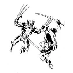 Wolverine and Deadpool fighting mid-air coloring page