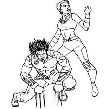 Wolverine crouching with Storm ready to fight coloring page