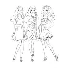 Barbie and her two friends in elegant dresses coloring page
