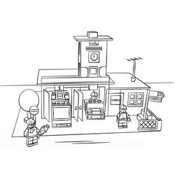 LEGO City fire station with minifigures coloring page