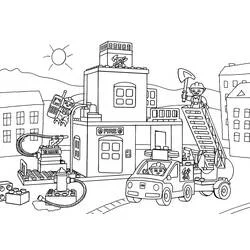 LEGO City fire station with truck and firefighters coloring page
