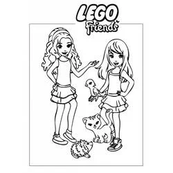 Lego Friends girls with a bird, cat and hedgehog coloring page