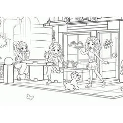 Lego Friends girls enjoying a café terrace coloring page