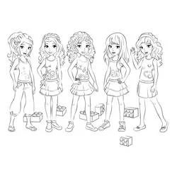 Lego Friends group of five girls posing coloring page