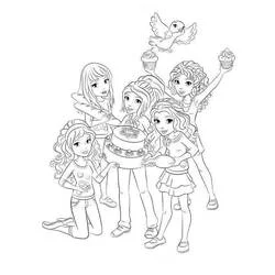 Lego Friends celebrating a birthday party coloring page