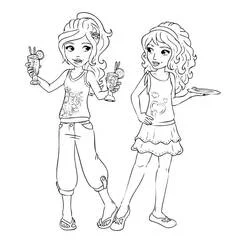 Lego Friends girls enjoying drinks and snacks coloring page