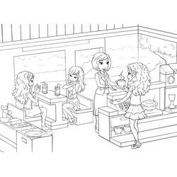Lego Friends girls in a café scene coloring page