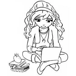 Olivia sitting with her laptop and books coloring page