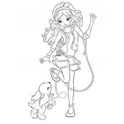 Olivia waving with her dog on a leash coloring page