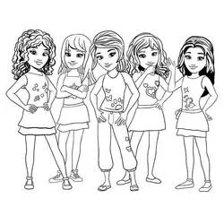 Lego Friends characters standing together coloring page