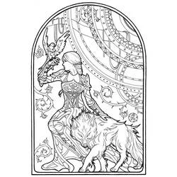 Warrior woman with wolf and falcon coloring page