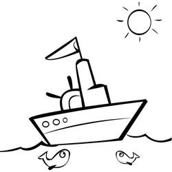 Boat sailing under the sun with fish coloring page