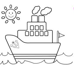 Boat sailing under a smiling sun coloring page