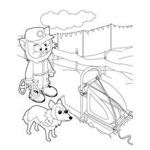 Musher standing beside his dog and sled coloring page