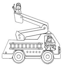 Firetruck with ladder platform and firefighter coloring page