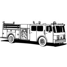 Firetruck parked with hoses and control panel visible coloring page
