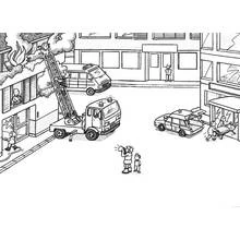 Firetruck at a burning building rescue scene coloring page