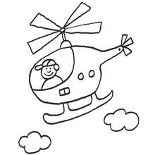 Helicopter with a smiling pilot wearing a cap coloring page