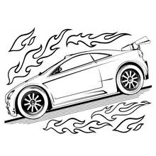 Hot Wheels sports car surrounded by flames coloring page