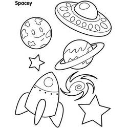 Rocket and space scene with planets and UFO coloring page