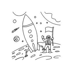 Astronaut planting a flag beside a rocket on the moon coloring page